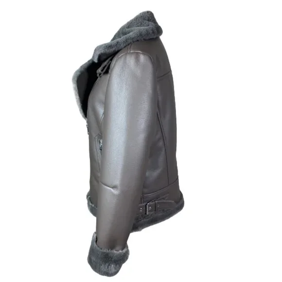 Join Us Khaki Brown Faux Leather Fur Collar Bomber Moto Jacket size Medium